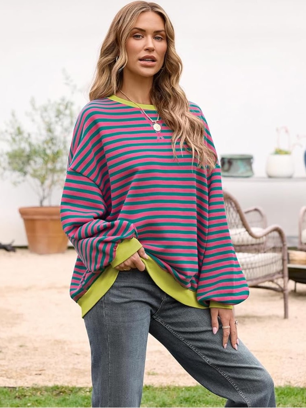 UEU Oversized Striped Crewneck Long Sleeve Color Block Pullover
Sweatshirt - Picture 2 of 11
